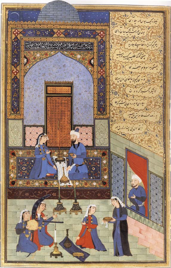 Prince Bahram-i-Gor,dressed in blue,listen to the tale of the Princess of the Blue Pavilion